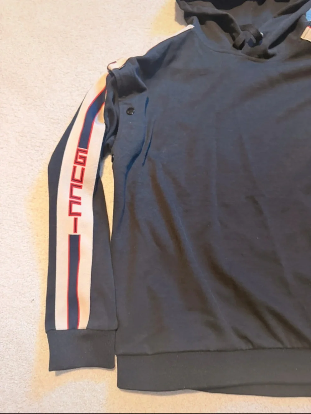 Gucci Navy Hoodie with Cream Sleeves and Red & Blue Stripes